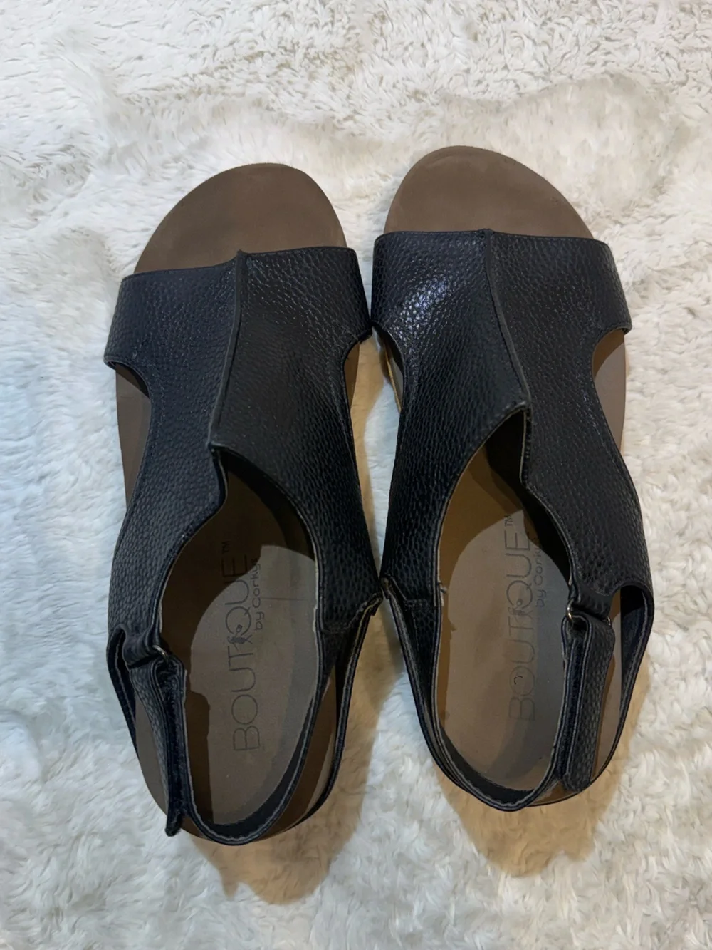 Boutique Corkys Volta wedge sandals in black size 8